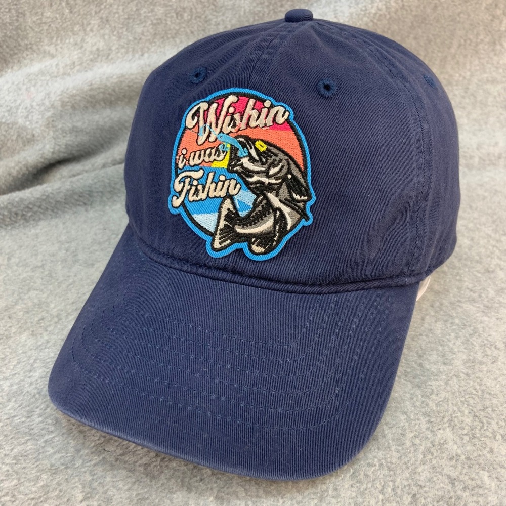 Wishin I Was Fishin Patch Mens Navy George Baseball Hat Adjustable Strap OSFM